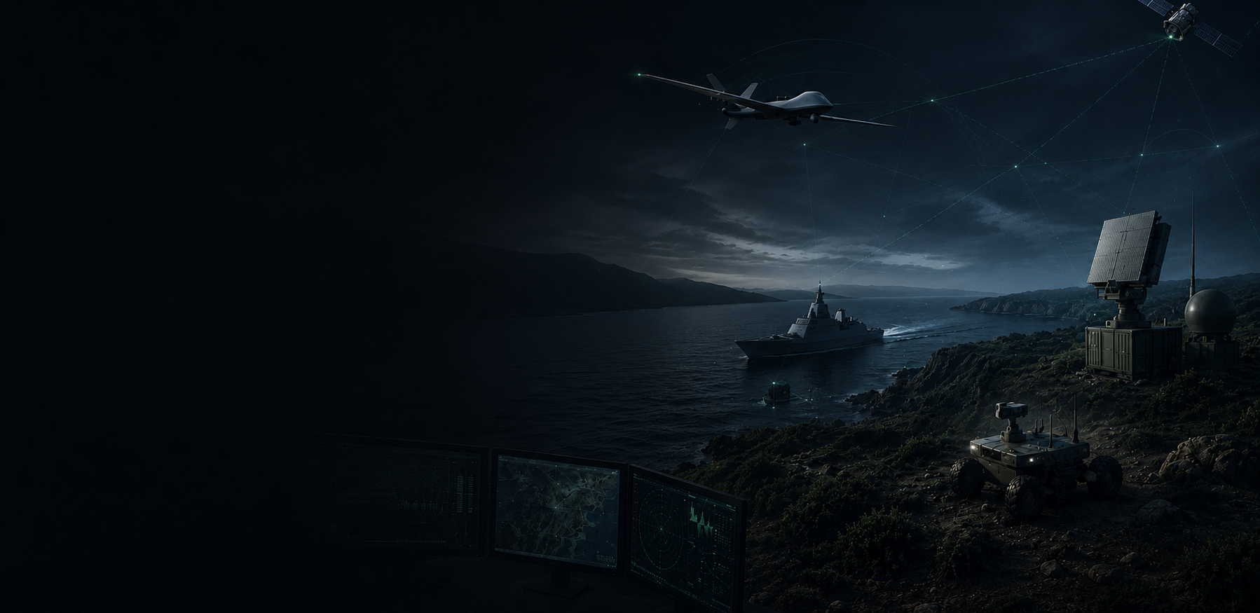 Night coastal defence scene with an uncrewed aircraft, frigate, ground radar, unmanned ground vehicle and satellite linked by a coordination network