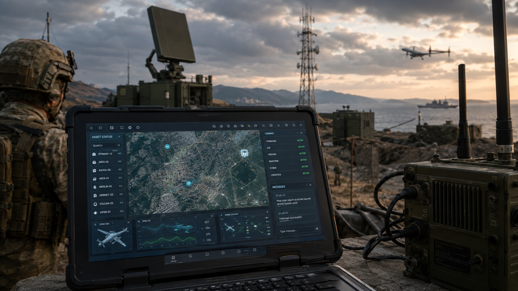 Field command post with operational map, sensor network and asset status displays alongside radar and aircraft at dusk