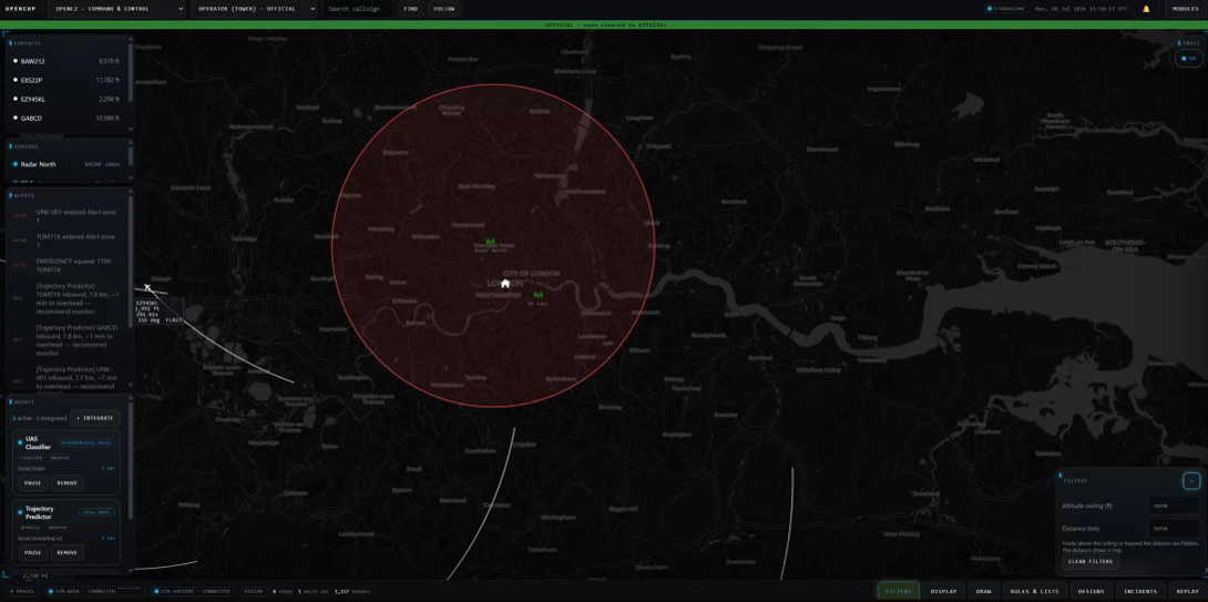C2OS operational picture showing tracks, sensors and mission zones