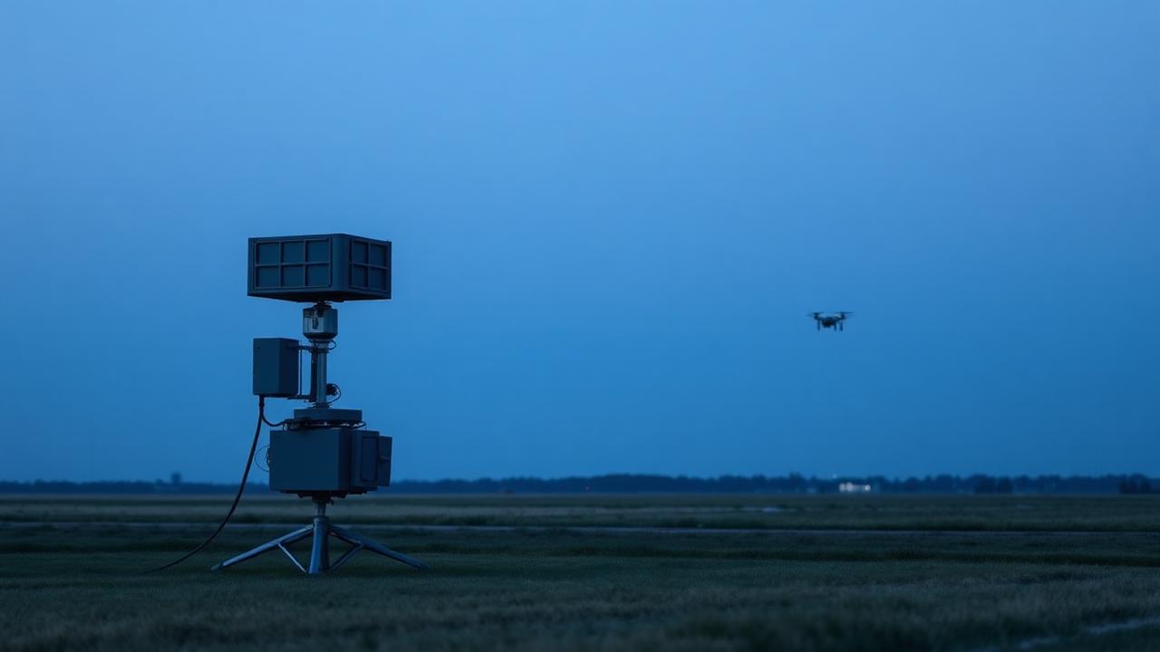 Ground-based counter-drone radar and optical sensor mast on an airfield perimeter at blue hour
