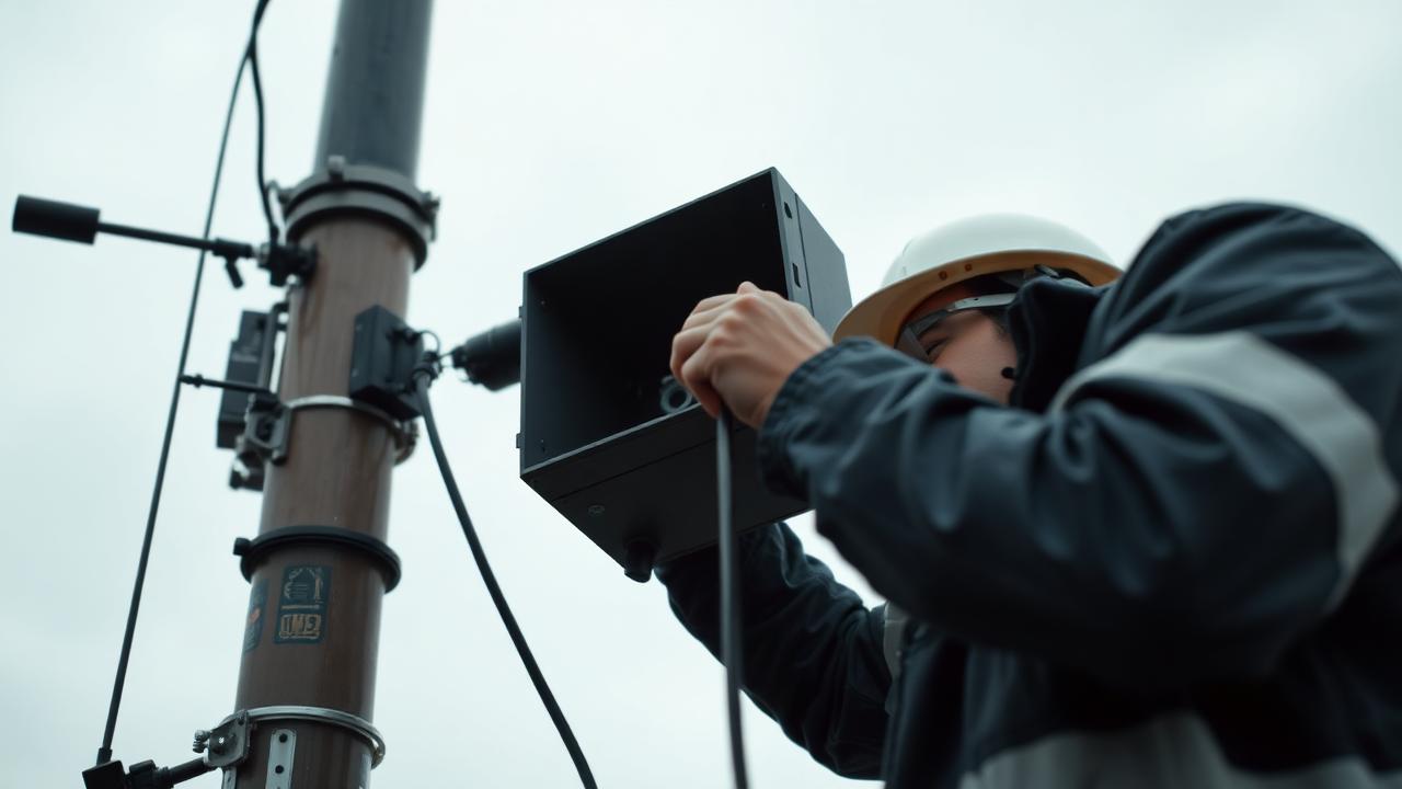 An engineer connecting a ruggedised gateway to a surveillance sensor mast