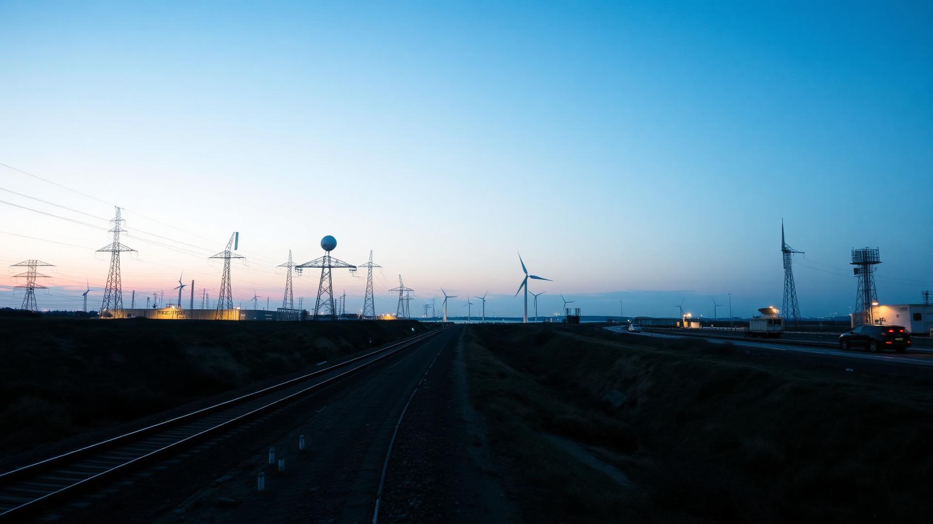 Coastal industrial landscape at dusk with a rail corridor, electricity substation, wind turbines and a radar mast