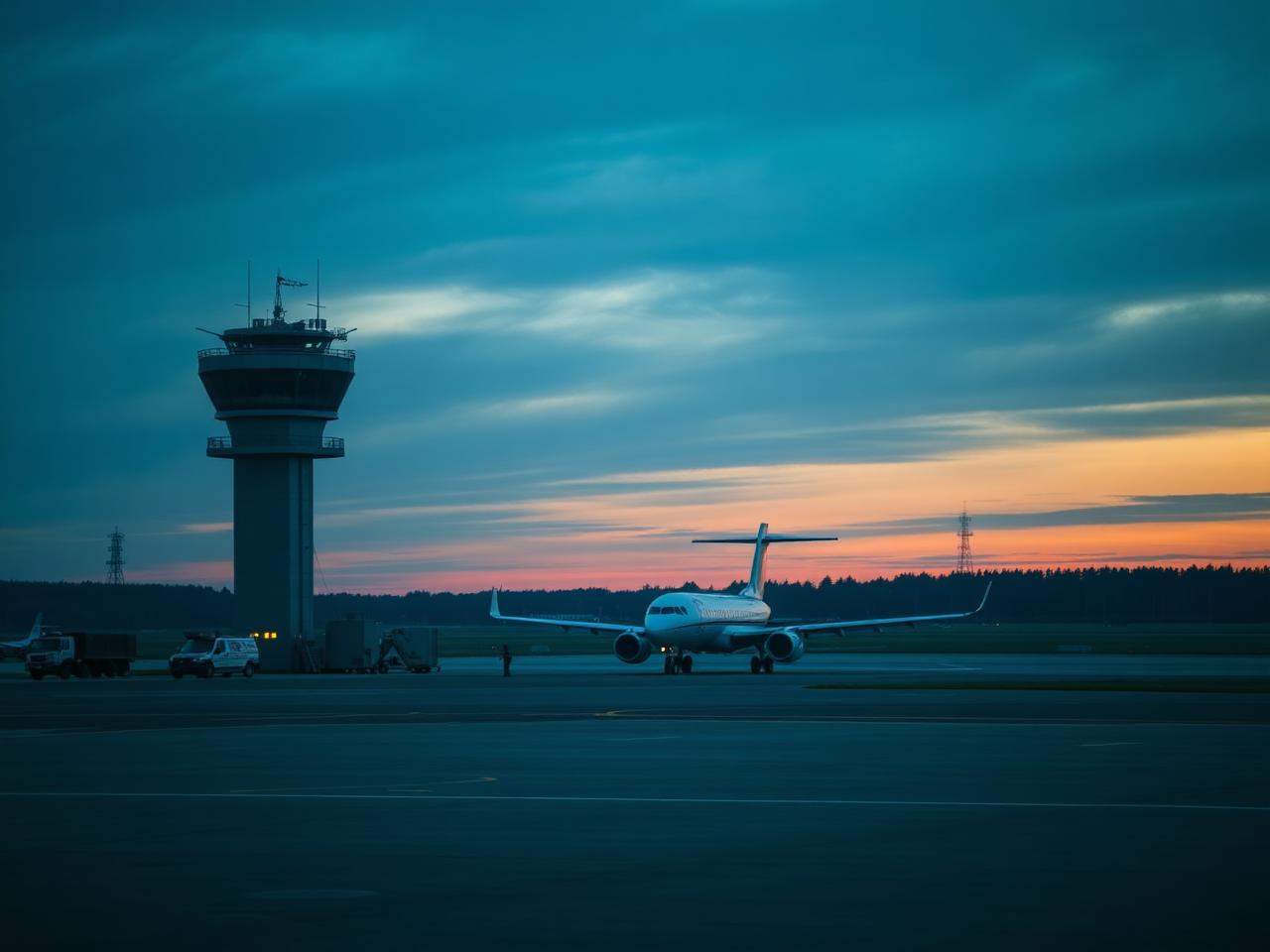 Airport control tower and aircraft on an apron at dusk